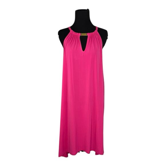 Michael Kors Dresses & Skirts - Michael Kors Women Midi Dress Fuscia‎ Halter Neck Asym Hem Gold Trim Sz Med NWT